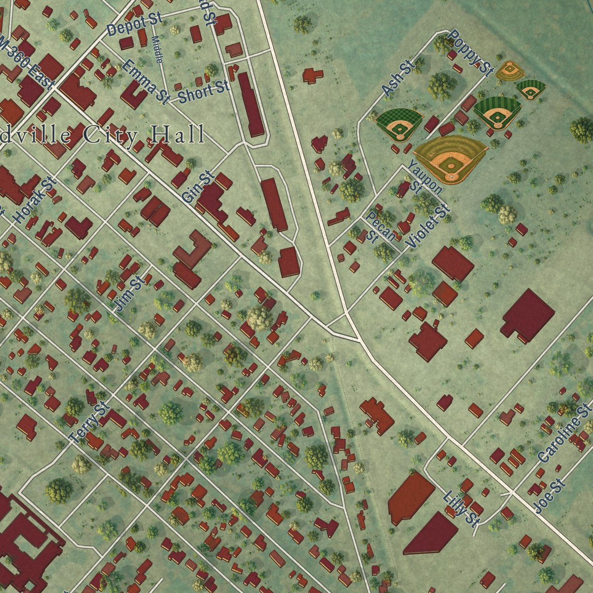 Close-up of the map of Needville, Texas print showing street and building detail