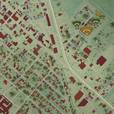 Close-up of the map of Needville, Texas print showing street and building detail