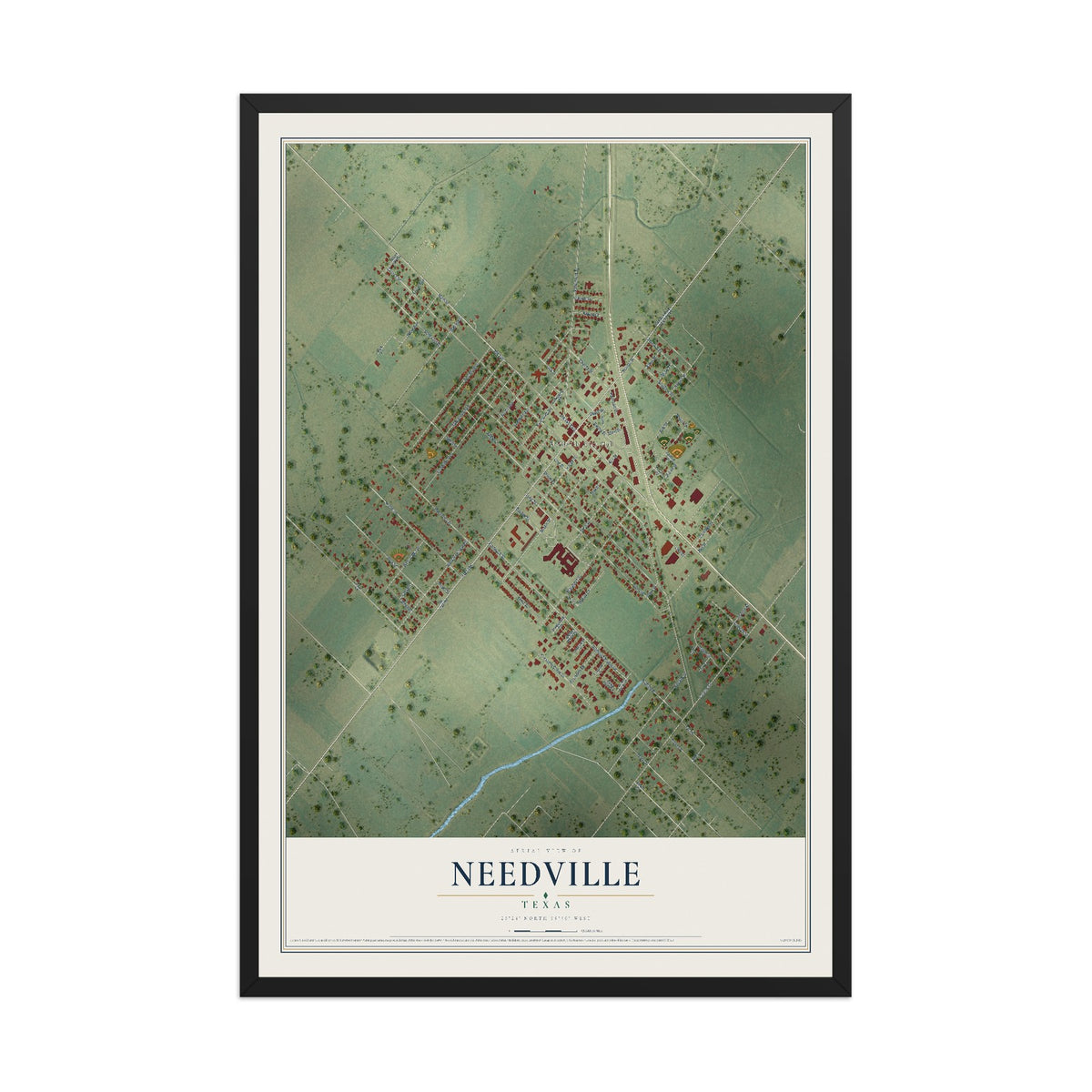 Map of Needville, Texas, 12 x 18 inch print in a black wood frame