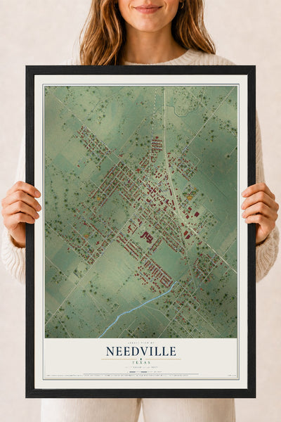 Map of Needville, Texas, 18 x 24 inch print in a black wood frame