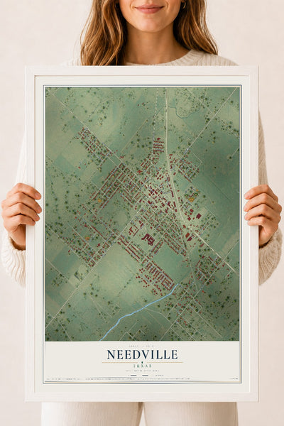 Map of Needville, Texas, 18 x 24 inch print in a white wood frame