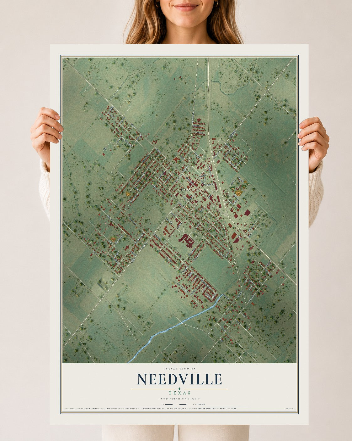 Map of Needville, Texas, 24 x 36 inch unframed archival matte print