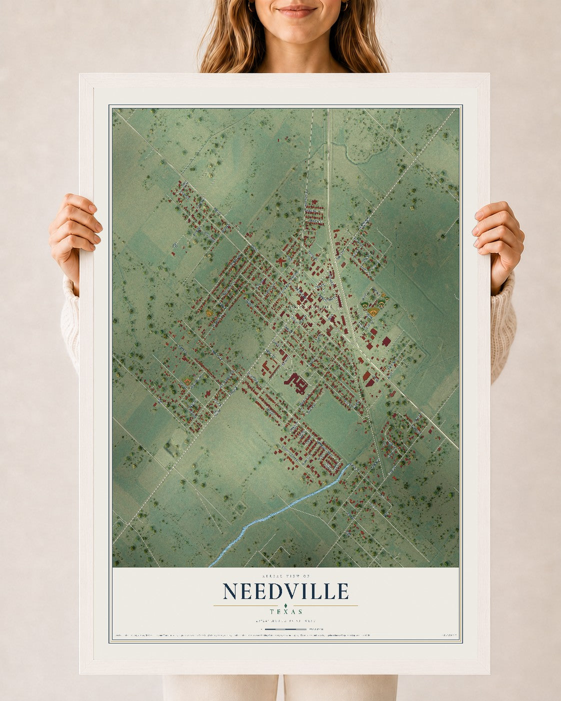 Map of Needville, Texas, 24 x 36 inch print in a white wood frame