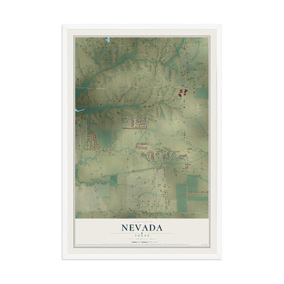 Map of Nevada, Texas, 12 x 18 inch print in a white wood frame