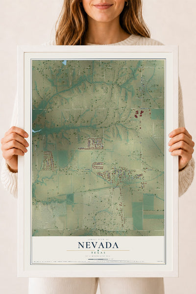 Map of Nevada, Texas, 18 x 24 inch print in a white wood frame