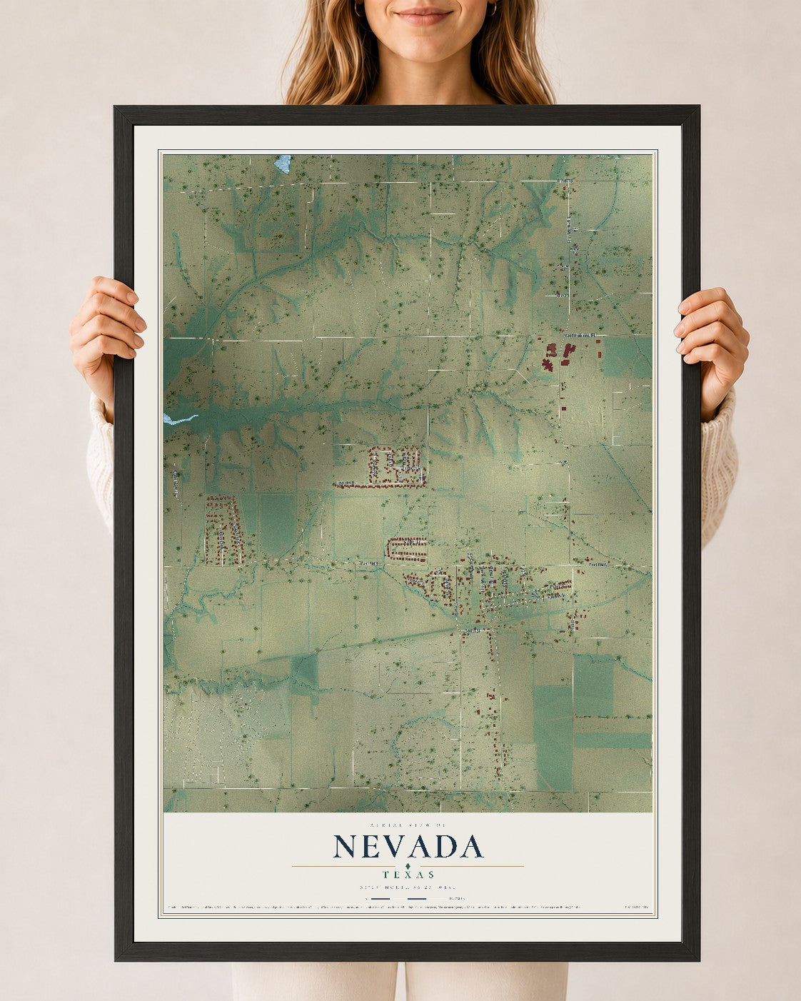 Map of Nevada, Texas, 24 x 36 inch print in a black wood frame