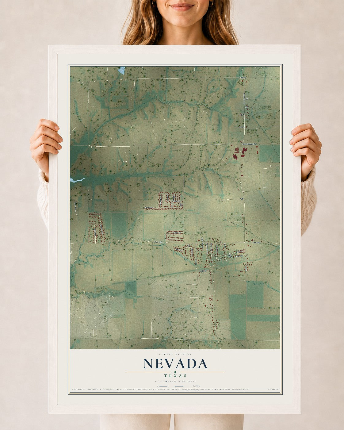 Map of Nevada, Texas, 24 x 36 inch print in a white wood frame