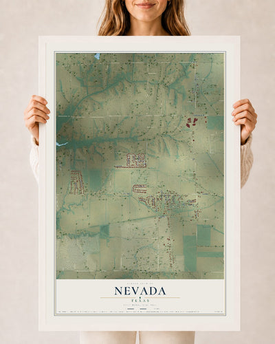 Map of Nevada, Texas, 24 x 36 inch print in a white wood frame