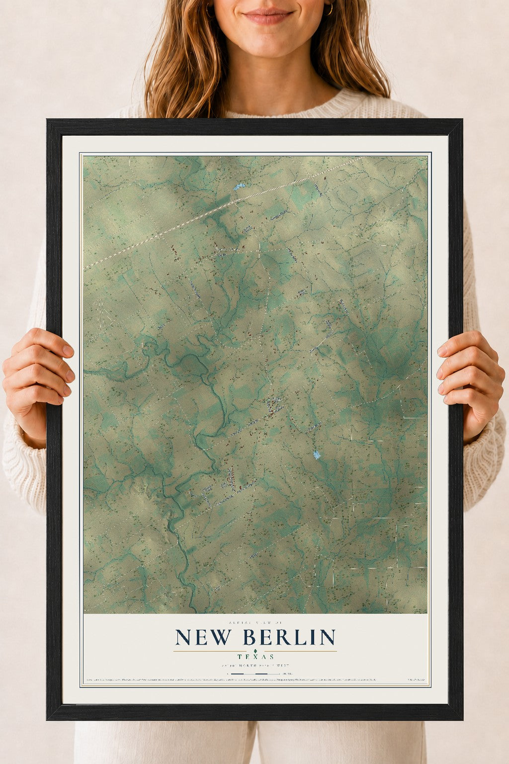 Map of New Berlin, Texas, 18 x 24 inch print in a black wood frame