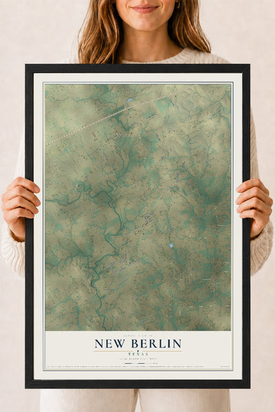Map of New Berlin, Texas, 18 x 24 inch print in a black wood frame