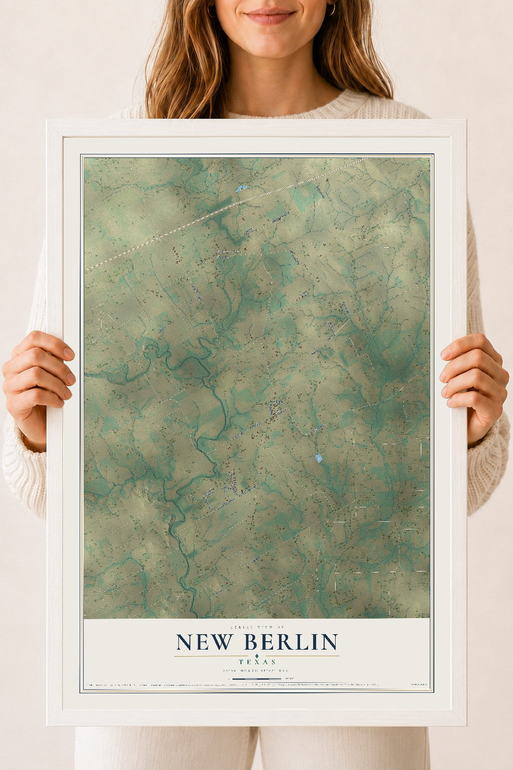Map of New Berlin, Texas, 18 x 24 inch print in a white wood frame