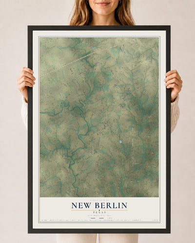 Map of New Berlin, Texas, 24 x 36 inch print in a black wood frame