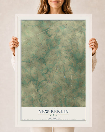 Map of New Berlin, Texas, 24 x 36 inch print in a white wood frame
