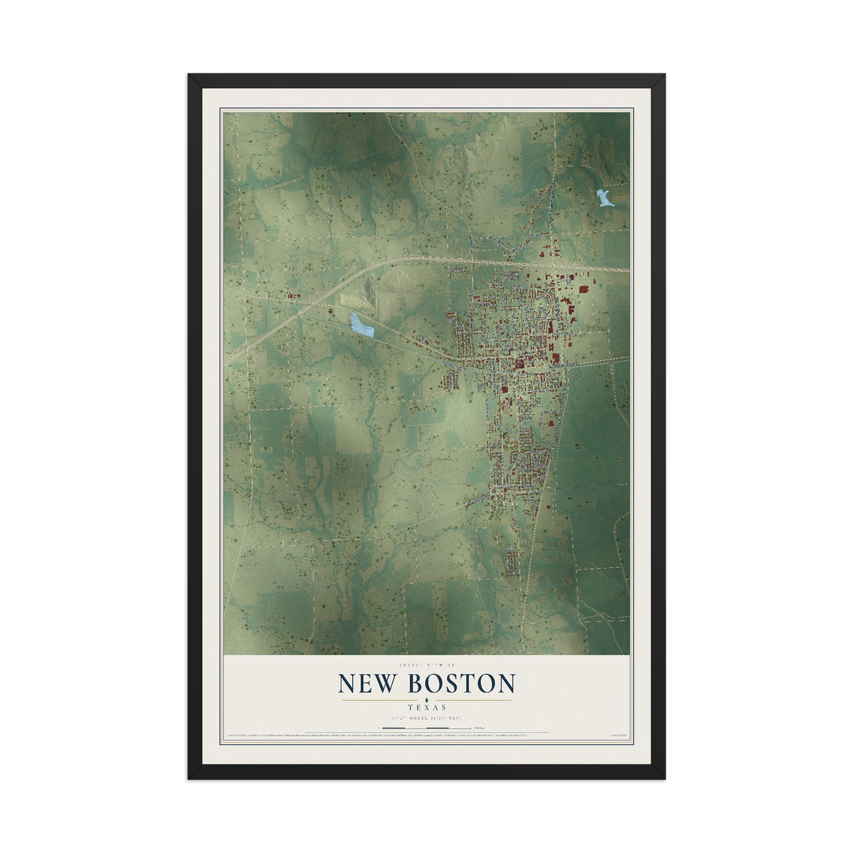 Map of New Boston, Texas, 12 x 18 inch print in a black wood frame
