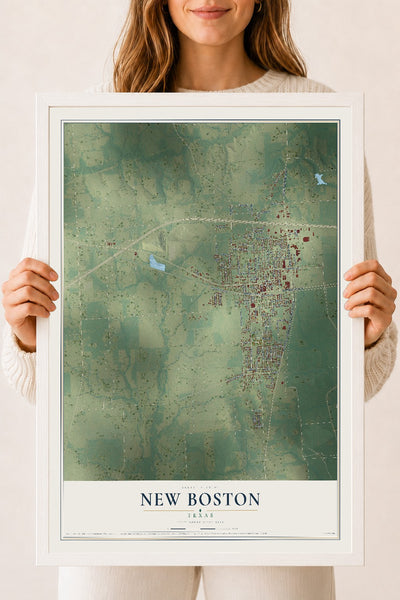 Map of New Boston, Texas, 18 x 24 inch print in a white wood frame