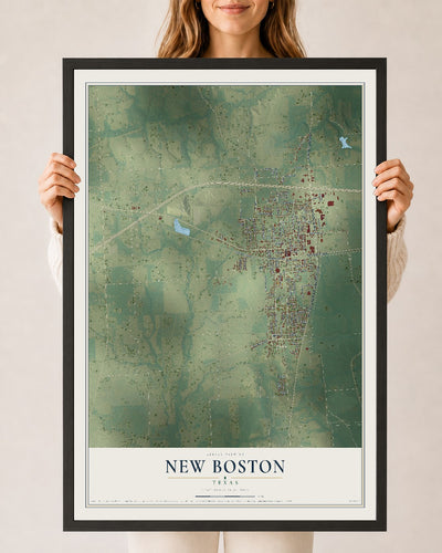 Map of New Boston, Texas, 24 x 36 inch print in a black wood frame
