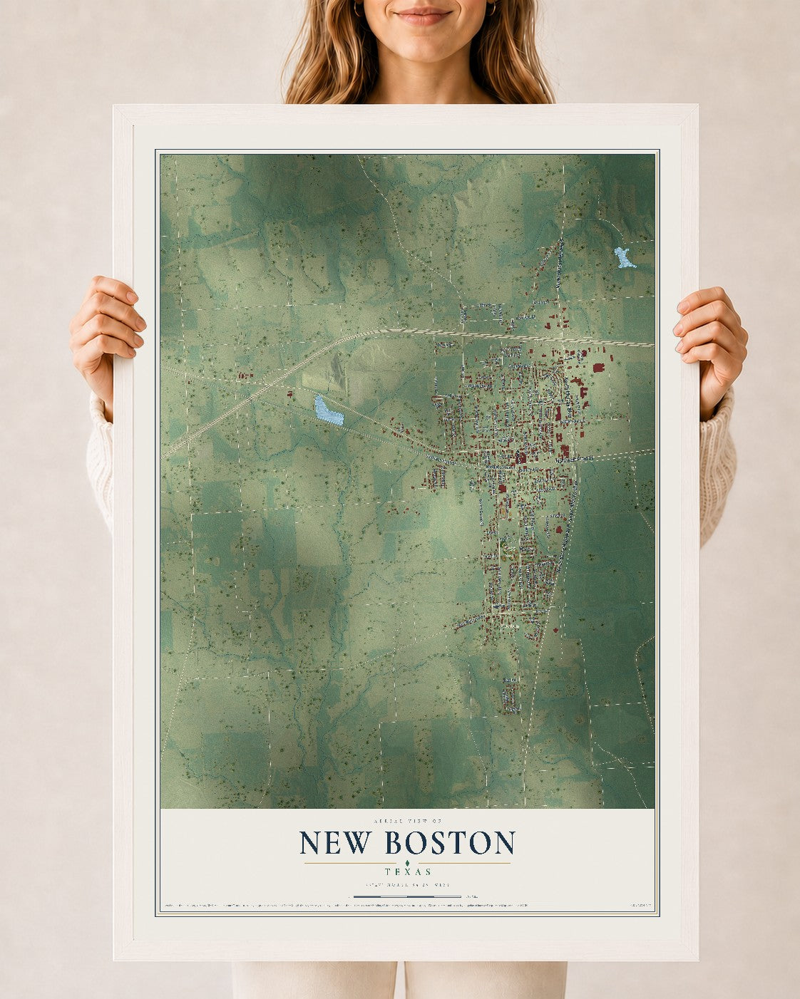 Map of New Boston, Texas, 24 x 36 inch print in a white wood frame