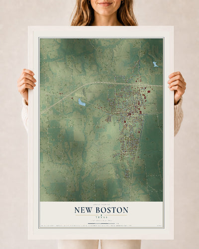 Map of New Boston, Texas, 24 x 36 inch print in a white wood frame