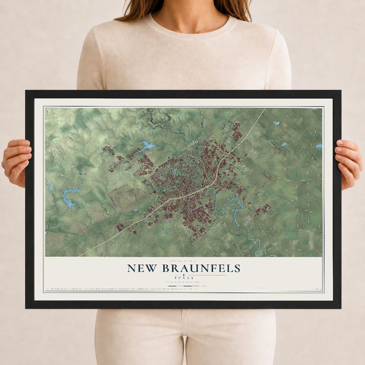 Map of New Braunfels, Texas, 12 x 18 inch print in a black wood frame