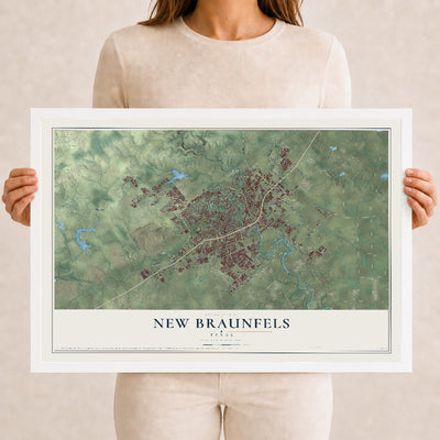 Map of New Braunfels, Texas, 12 x 18 inch print in a white wood frame