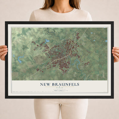 Map of New Braunfels, Texas, 18 x 24 inch print in a black wood frame