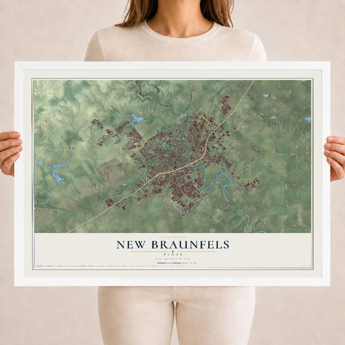 Map of New Braunfels, Texas, 18 x 24 inch print in a white wood frame
