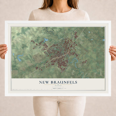 Map of New Braunfels, Texas, 18 x 24 inch print in a white wood frame