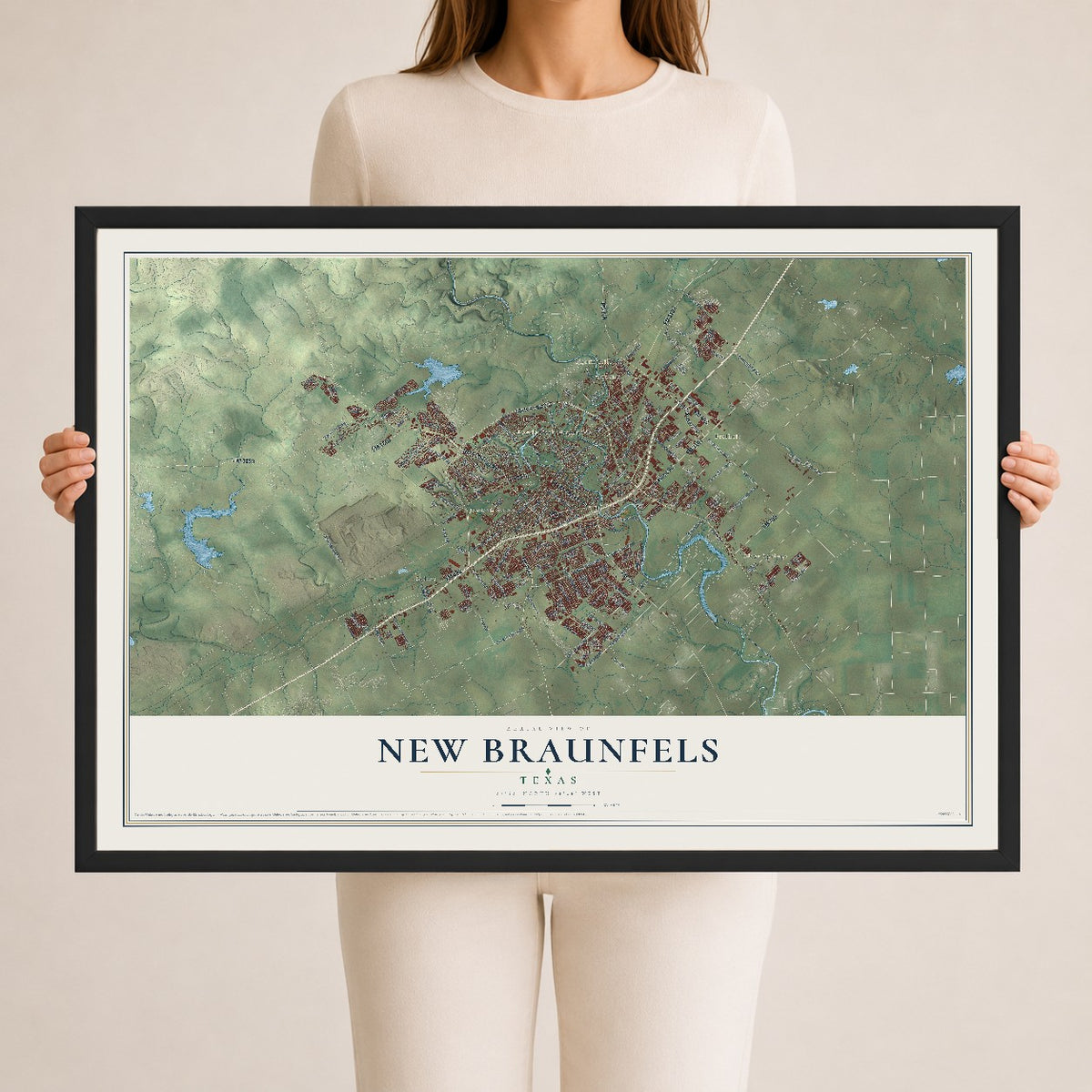 Map of New Braunfels, Texas, 24 x 36 inch print in a black wood frame