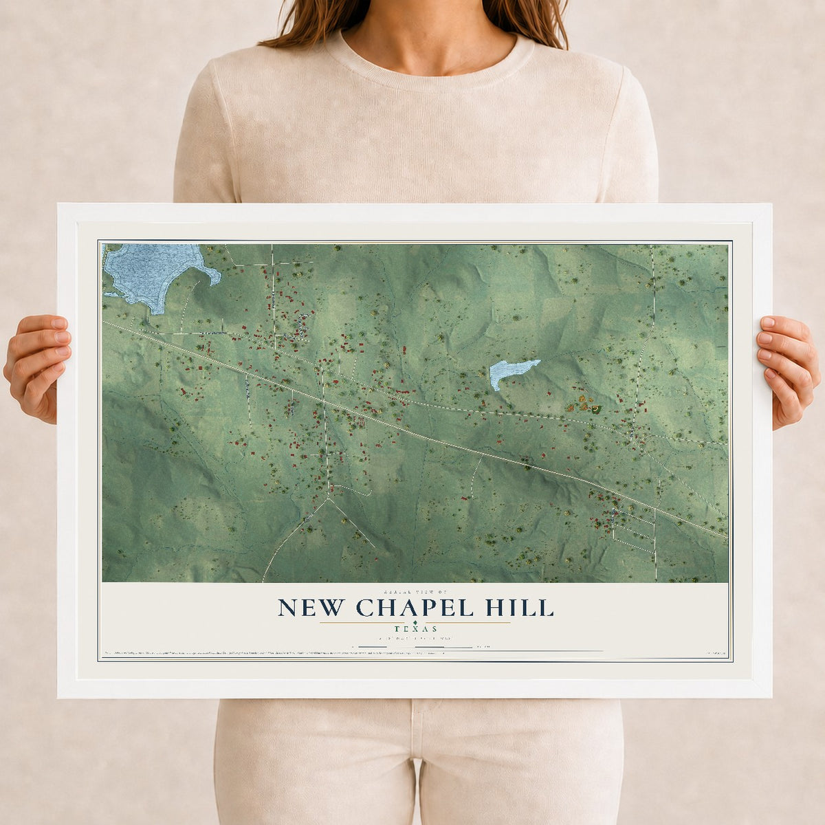 Map of New Chapel Hill, Texas, 12 x 18 inch print in a white wood frame