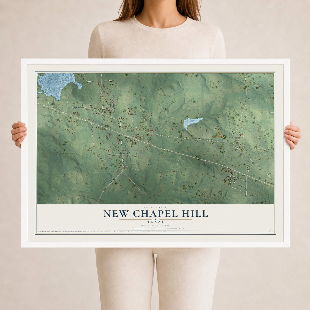 Map of New Chapel Hill, Texas, 24 x 36 inch print in a white wood frame