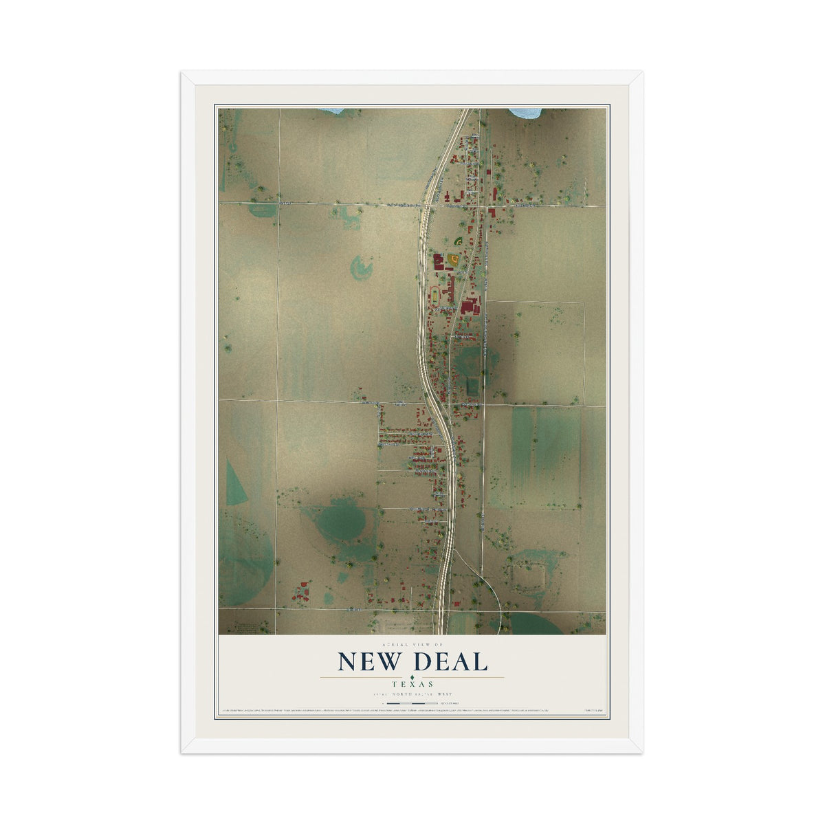 Map of New Deal, Texas, 12 x 18 inch print in a white wood frame