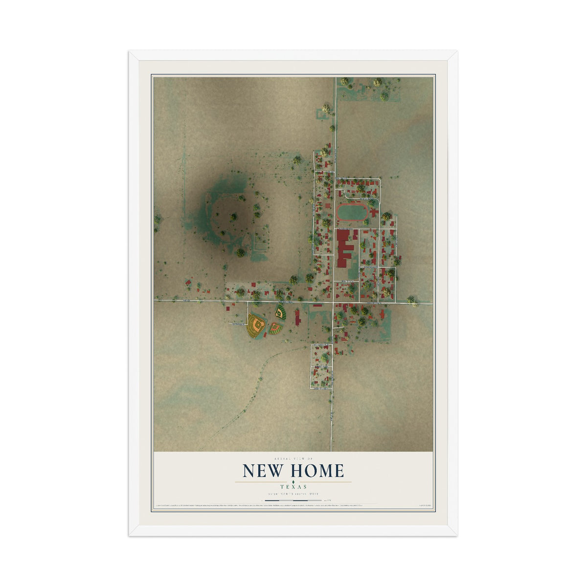 Map of New Home, Texas, 12 x 18 inch print in a white wood frame
