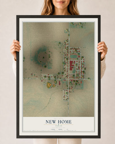 Map of New Home, Texas, 24 x 36 inch print in a black wood frame