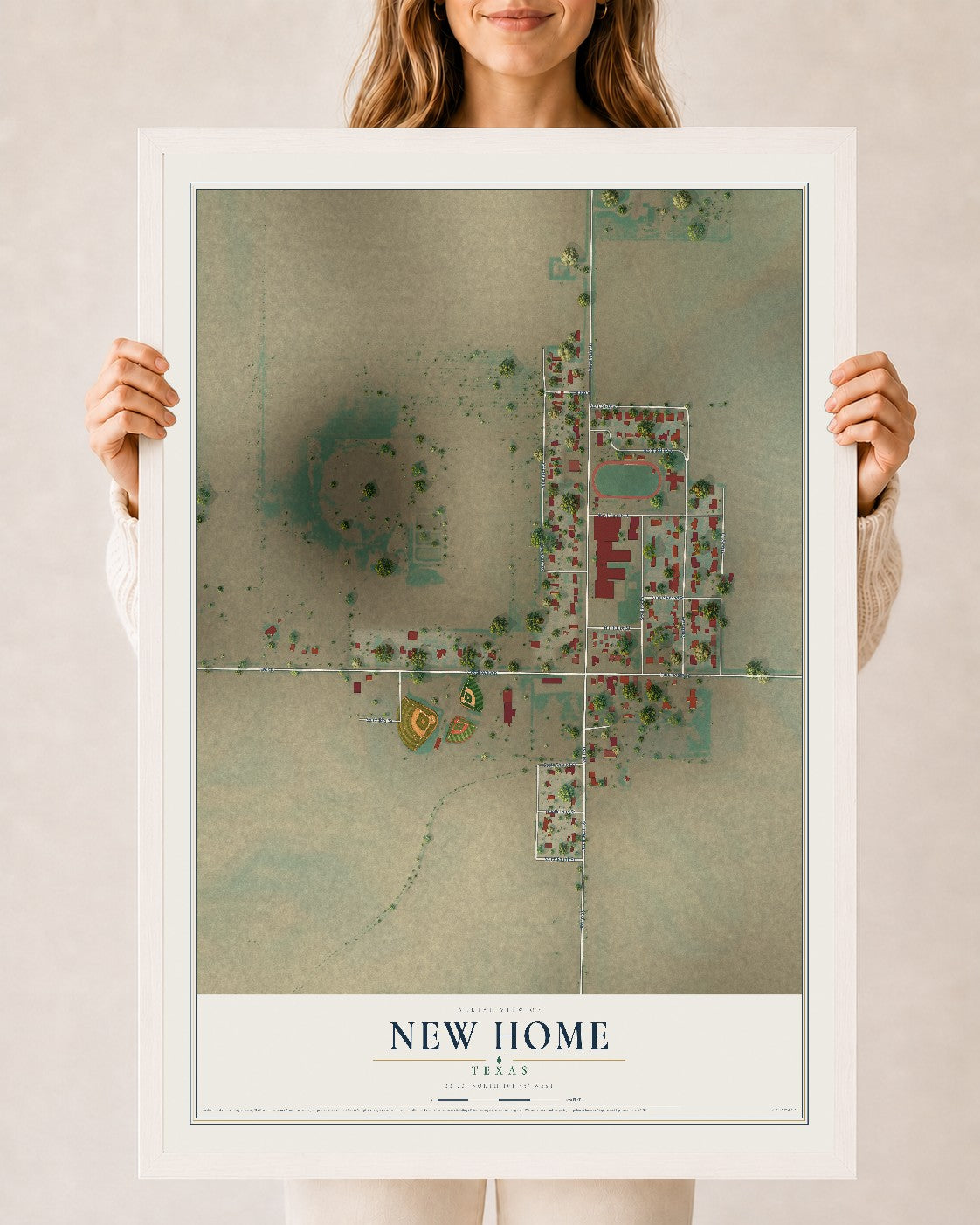 Map of New Home, Texas, 24 x 36 inch print in a white wood frame