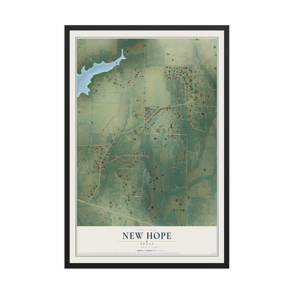 Map of New Hope, Texas, 12 x 18 inch print in a black wood frame