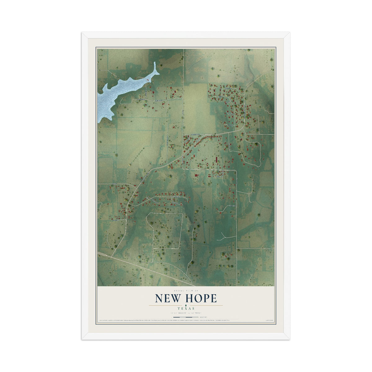 Map of New Hope, Texas, 12 x 18 inch print in a white wood frame