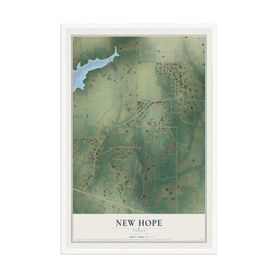 Map of New Hope, Texas, 12 x 18 inch print in a white wood frame