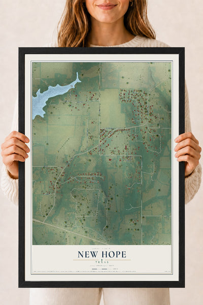 Map of New Hope, Texas, 18 x 24 inch print in a black wood frame