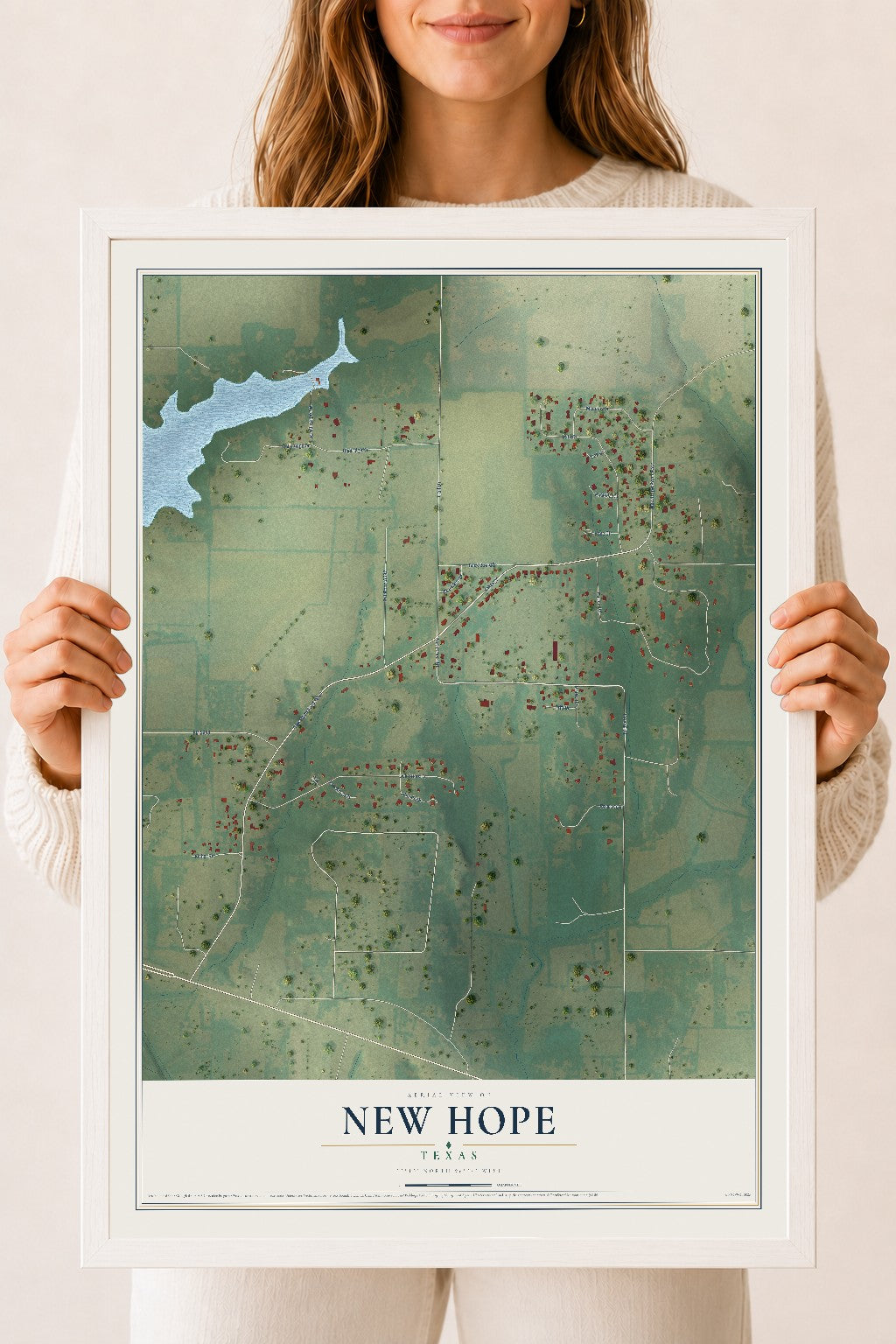 Map of New Hope, Texas, 18 x 24 inch print in a white wood frame