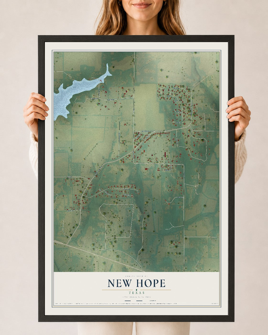 Map of New Hope, Texas, 24 x 36 inch print in a black wood frame