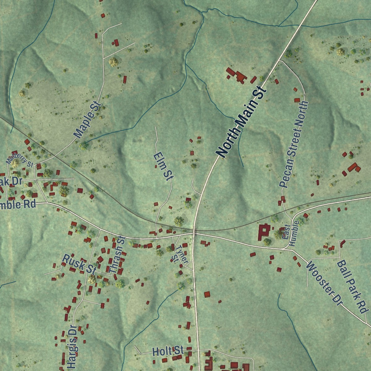 Close-up of the map of New London, Texas print showing street and building detail