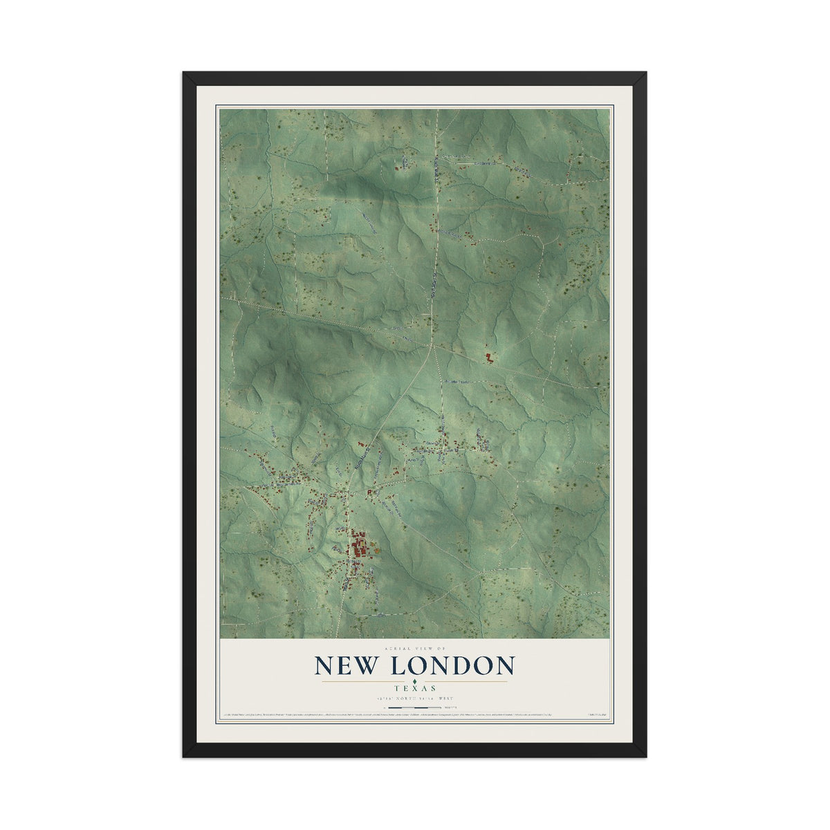 Map of New London, Texas, 12 x 18 inch print in a black wood frame