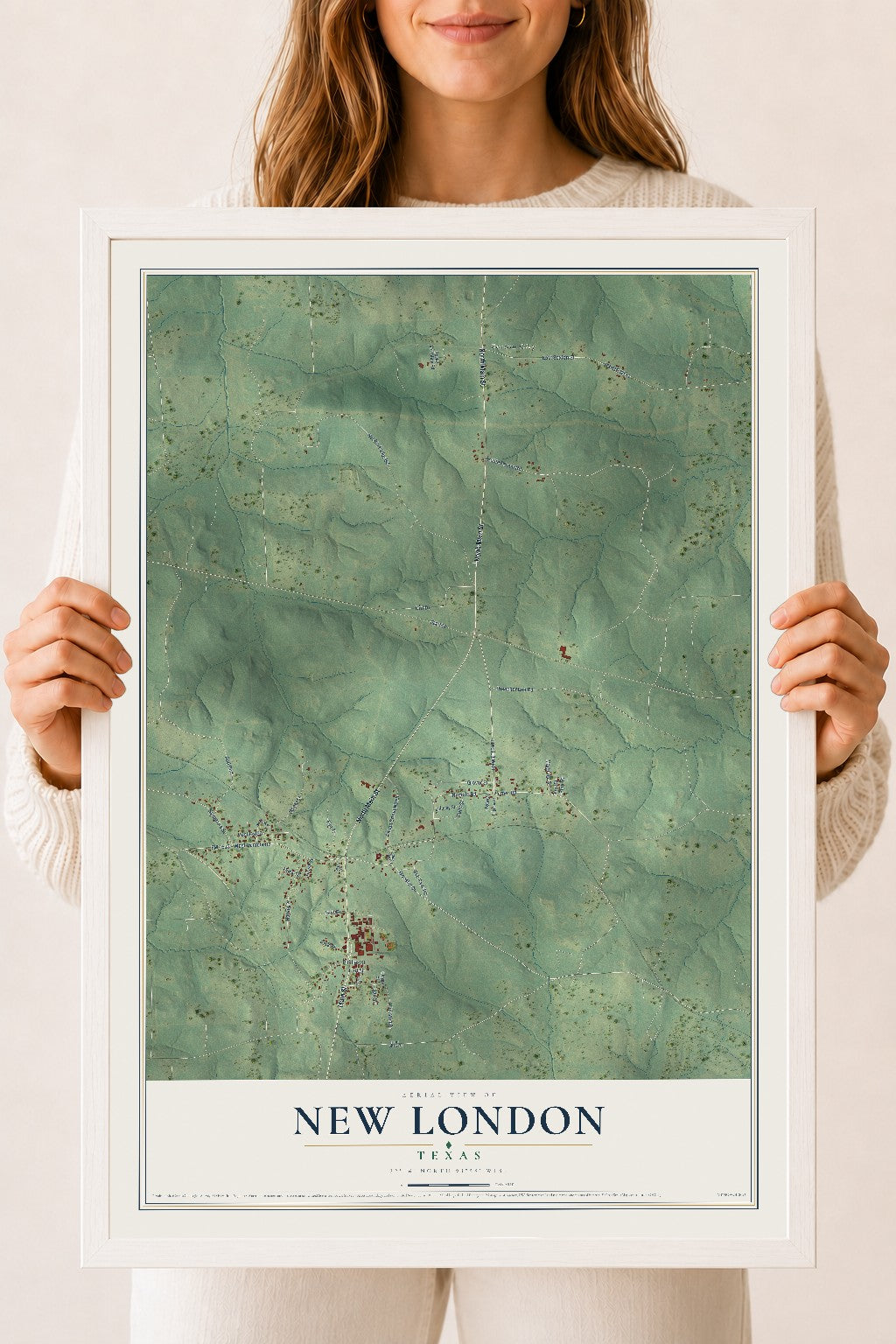 Map of New London, Texas, 18 x 24 inch print in a white wood frame