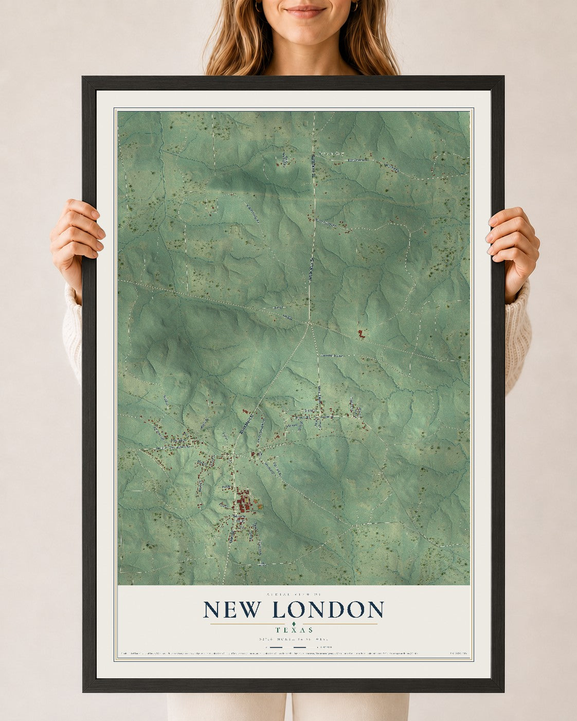 Map of New London, Texas, 24 x 36 inch print in a black wood frame