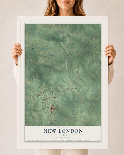 Map of New London, Texas, 24 x 36 inch print in a white wood frame
