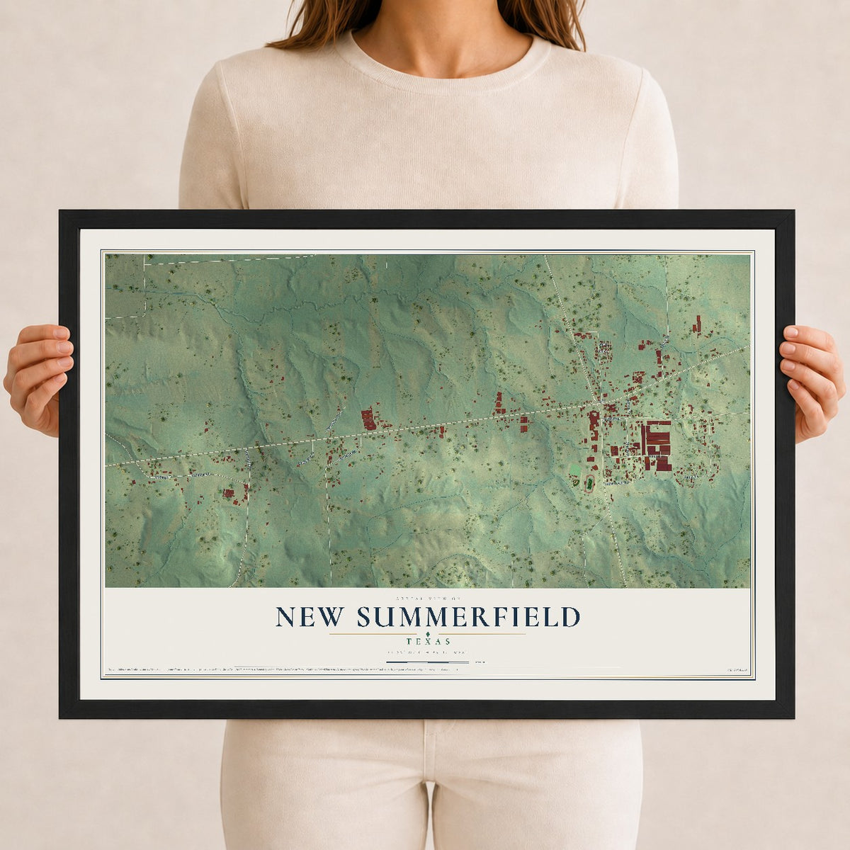 Map of New Summerfield, Texas, 12 x 18 inch print in a black wood frame