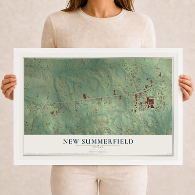 Map of New Summerfield, Texas, 12 x 18 inch print in a white wood frame