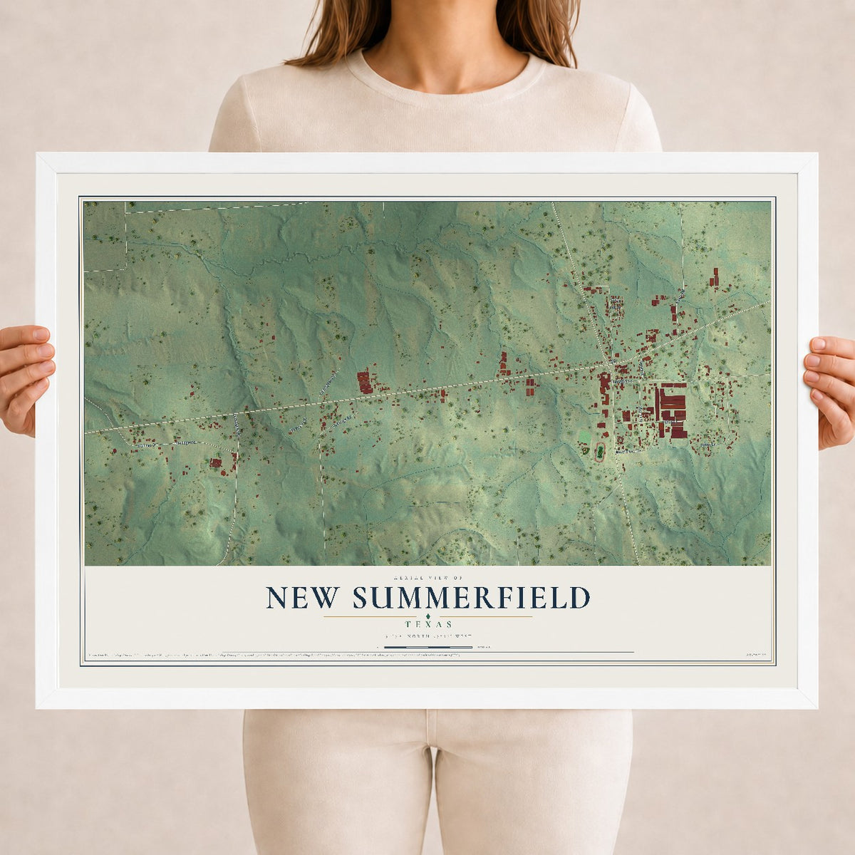 Map of New Summerfield, Texas, 18 x 24 inch print in a white wood frame