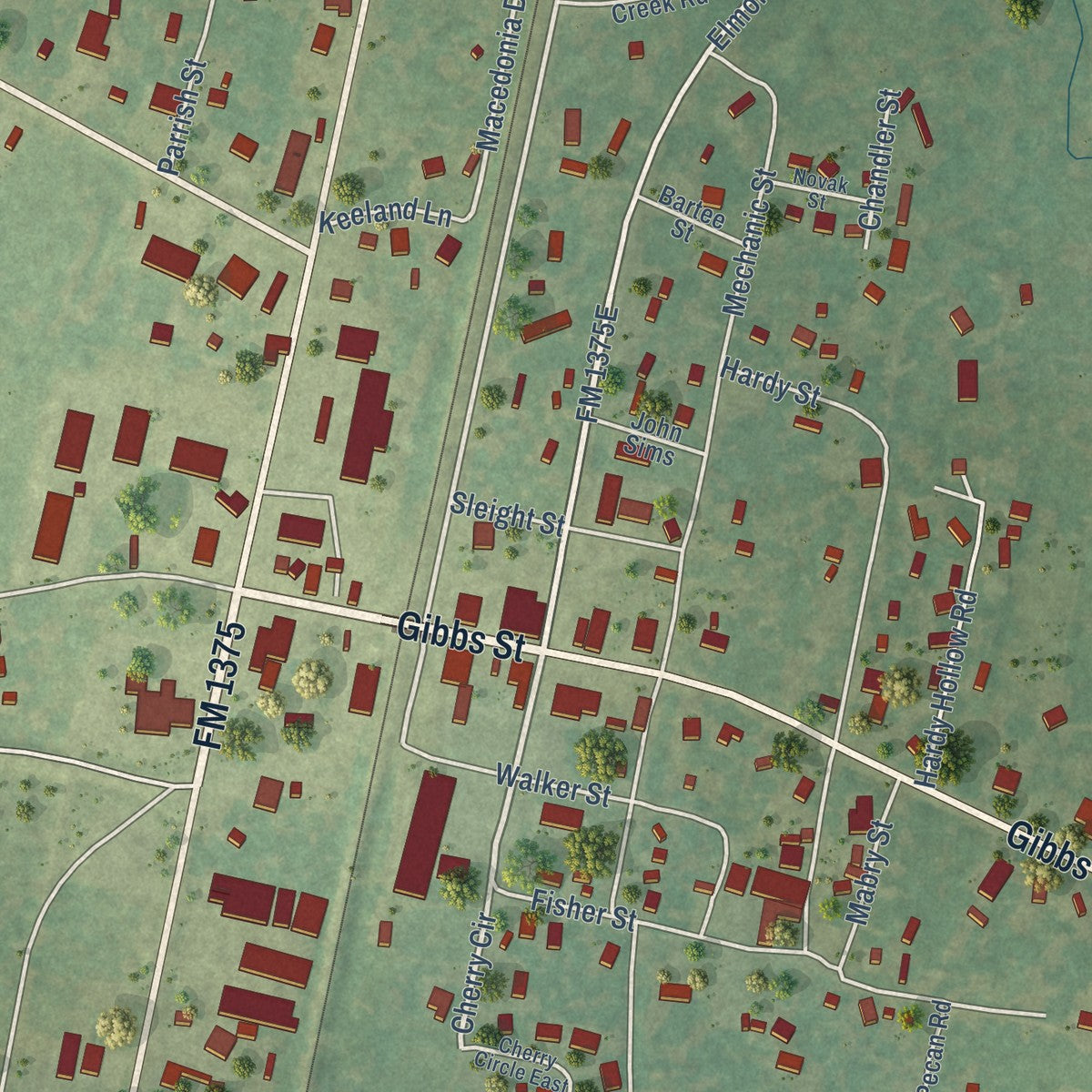 Close-up of the map of New Waverly, Texas print showing street and building detail