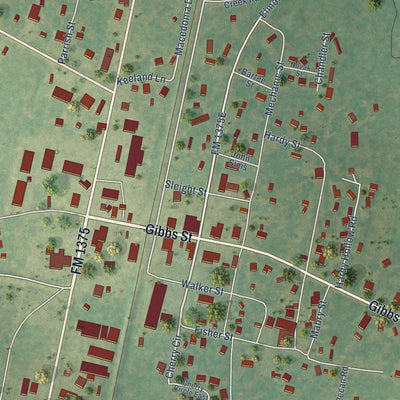 Close-up of the map of New Waverly, Texas print showing street and building detail